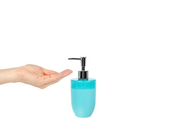 Blue hand sanitizer soap dispenser with arm isolated on white background, copy space template