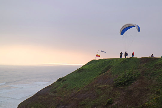 The Clifftop of Parque Raimondi in Miraflores District, the Popular spot for paragliding in Lima, Peru on 18th May 2018 