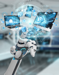 White cyborg hand connecting devices together 3D rendering