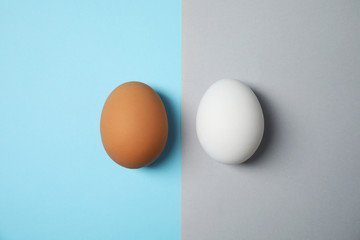 Raw chicken eggs on color background, top view