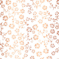 Obraz premium Copper foil flower vector seamless pattern background. Elegant rose gold florals on white backdrop. For digital paper, gift wrap, birthday card, wedding celebration, party invitation, New Year, women