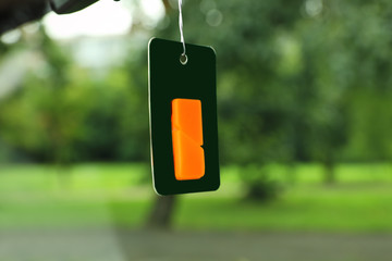 Air freshener hanging in car against windshield