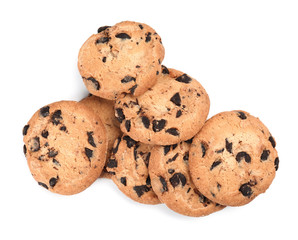 Delicious chocolate chip cookies on white background, top view