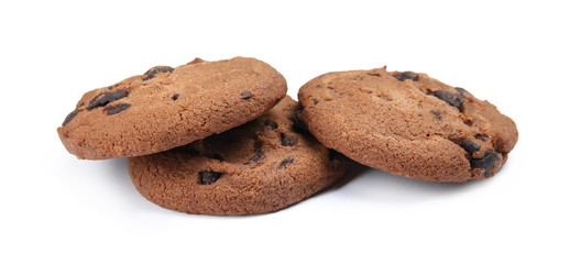 Delicious chocolate chip cookies on white background
