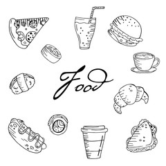 Black and white pattern with hand drawn food and drinks.