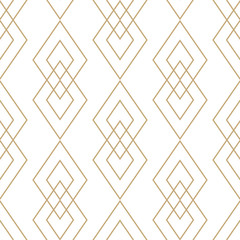 Vector golden geometric texture. Elegant seamless pattern with diamonds, rhombuses, thin lines. Abstract white and gold graphic ornament. Art deco style. Trendy linear background. Luxury repeat design