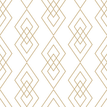Vector golden geometric texture. Elegant seamless pattern with diamonds, rhombuses, thin lines. Abstract white and gold graphic ornament. Art deco style. Trendy linear background. Luxury repeat design