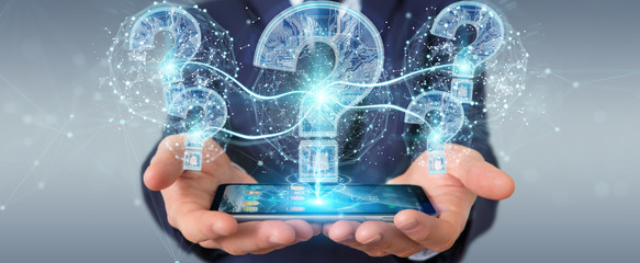 Businessman solving problem with digital question marks 3D rendering