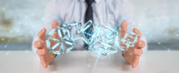 Businessman using digital blue Blockchain 3D rendering