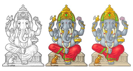 Ganpati with mouse for poster Ganesh Chaturthi. Engraving vintage vector