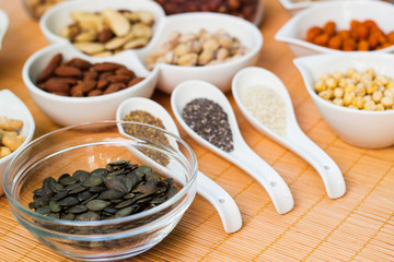 A collection of different dry fruits. Legume family 