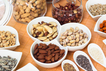A collection of different dry fruits. Legume family 
