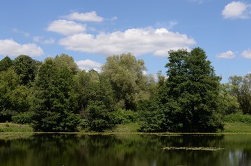 Fototapeta na wymiar Lower Kuzminsky pond in the natural-historical park 