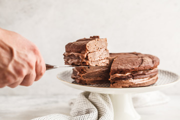 Vegan chocolate cake on a white dish for cake, copy space, light background.