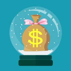 Christmas card. Snow globe with a money bag inside. Vector illustration