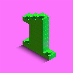 Green number one from constructor Bricks bricks on pink background. 3d Bricks number one