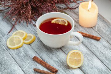cinnamon, lemons, hot tea, warm scarf, burning candles, heather