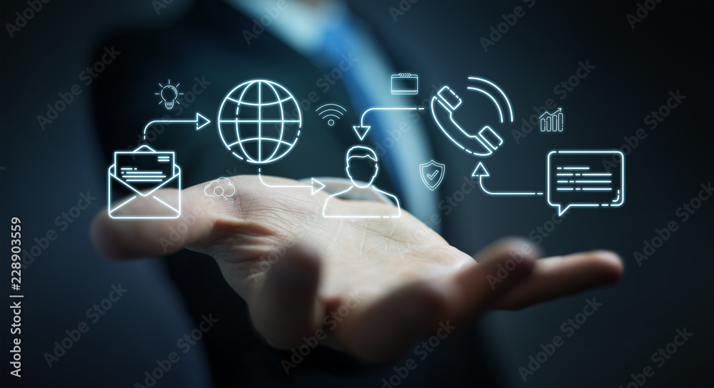 Poster businessman using thin line social network icons interface