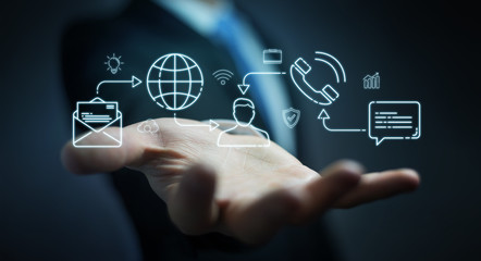 Businessman using thin line social network icons interface