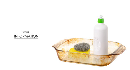 Oily greasy dirty glass dishes with a metal kitchen sponge detergent for utensils pattern on white background isolation