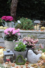 Fototapeta na wymiar autumn arrangement with flowers in pink, lantern and decorative bird