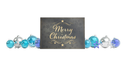 Christmas card greetings laying on isolated blue white baubles 3D rendering
