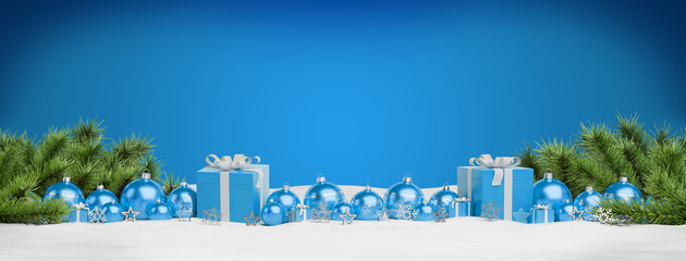 Blue christmas baubles and gifts lined up 3D rendering