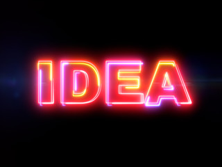 Idea - colorful glowing outline text word on blue lens flare dark background