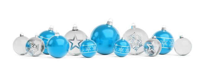 Blue and white christmas baubles isolated 3D rendering