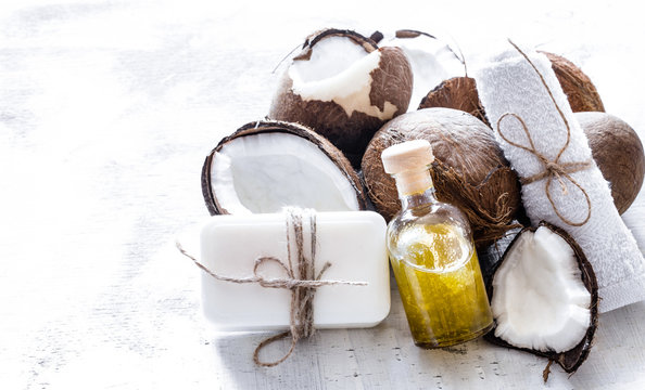 Spa still life of organic cosmetics with coconuts
