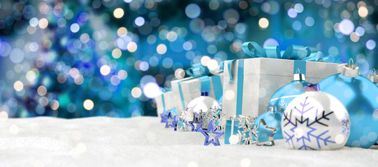 Blue christmas baubles and gifts lined up 3D rendering