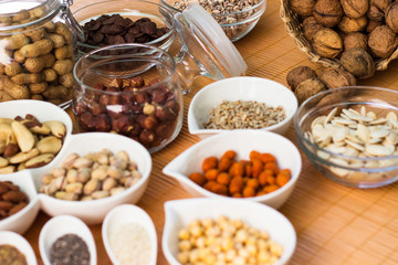 A collection of different dry fruits. Legume family 
