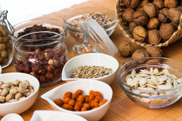 A collection of different dry fruits. Legume family 