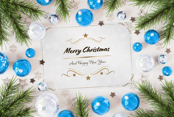 Christmas card greetings with blue baubles 3D rendering