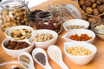 A collection of different dry fruits. Legume family 