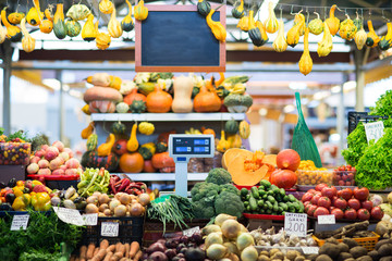 Different colorful vegetables on marketplace in autumn