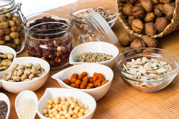 A collection of different dry fruits. Legume family 