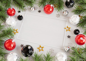 Christmas card mockup with red baubles 3D rendering