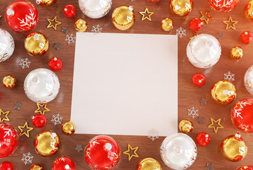 Christmas card mockup with red baubles 3D rendering