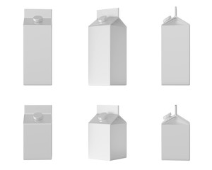 six cartons of white milk, isolated on white background, three views