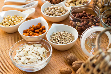 A collection of different dry fruits. Legume family 
