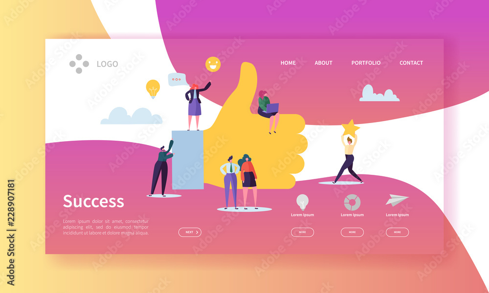 Wall mural business success landing page. successful team work concept with flat characters in search of creati