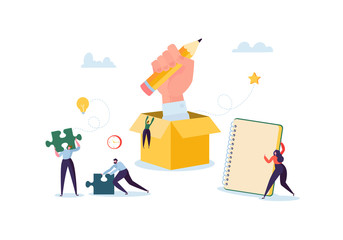 Fototapeta na wymiar Creativity and Innovation Idea Concept. Creative Flat People Characters Working Together on New Project. Man with Puzzle, Woman with Note Pad. Vector illustration