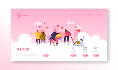 People in Love on Winter Season Landing Page. Valentines Day Banner with Flat Characters and Hearts. Website Template Easy Edit and Customize. Vector illustration