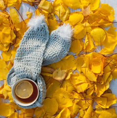 Front image of tea cup over white wooden table and autumn leaves on background