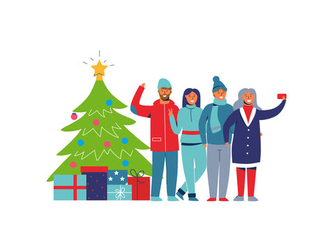 Winter Holidays People with Christmas Tree. Happy Characters Taking Selfie with Smartphone. Cartoon Man and Woman Celebrating New Year. Vector illustration
