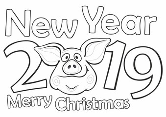 New 2019. Funny Christmas pig, Greeting cards Merry Christmas and New Year 2019, Chinese year of the pig. Postcard with funny pig