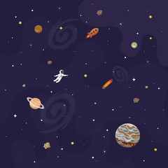 Obraz na płótnie Canvas Vector illustration of space, universe. Cute cartoon planets, asteroids, comet, rockets. Kids illustration.