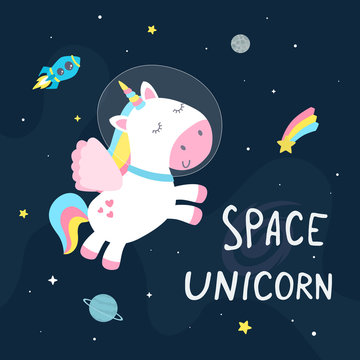 Cute space unicorn flat vector illustration.