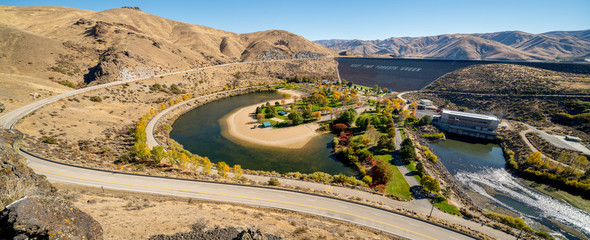 Public park below Lucky Peak dam on the Boise River in full autumn bloom